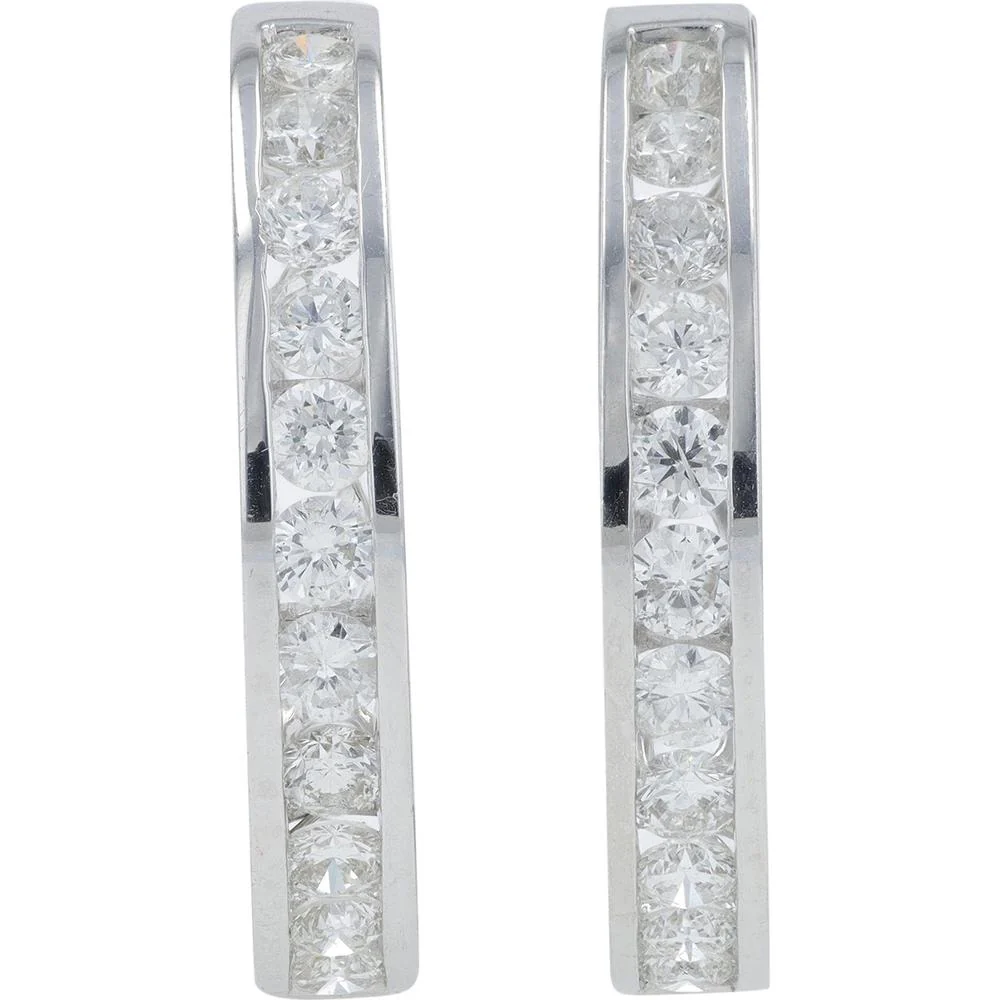 14K White Gold 3.00 Carat Total Diamond Medium Hoop Earrings - Channel Set Round Diamonds - Image 2