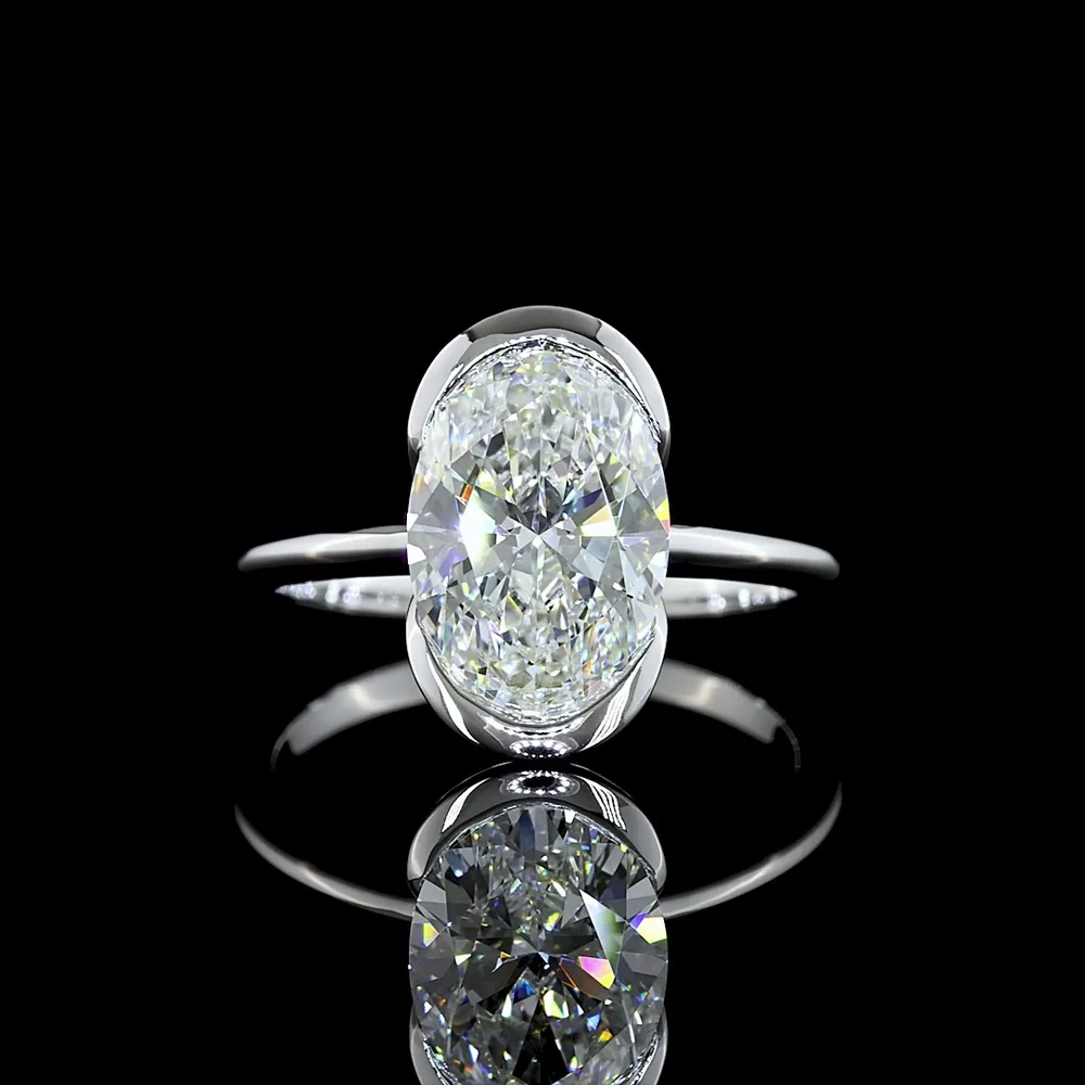 14K White Gold 3.02 Carat Oval Cut Half Bezel Set Lab Diamond Solitaire Ring - E-F Color VVS2 Clarity IGI Certified - Covaloro Fine Jewelry