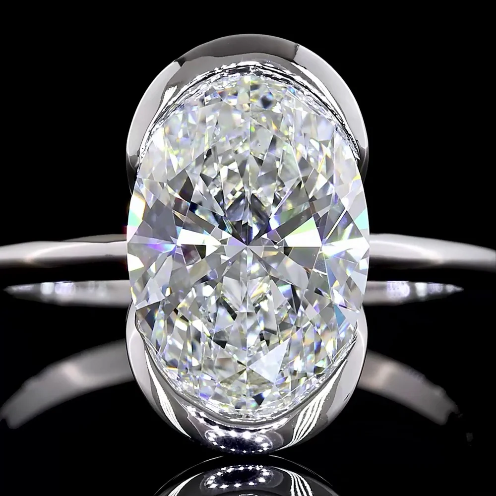 14K White Gold 3.02 Carat Oval Cut Half Bezel Set Lab Diamond Solitaire Ring - E-F Color VVS2 Clarity IGI Certified - Covaloro Fine Jewelry - Image 2