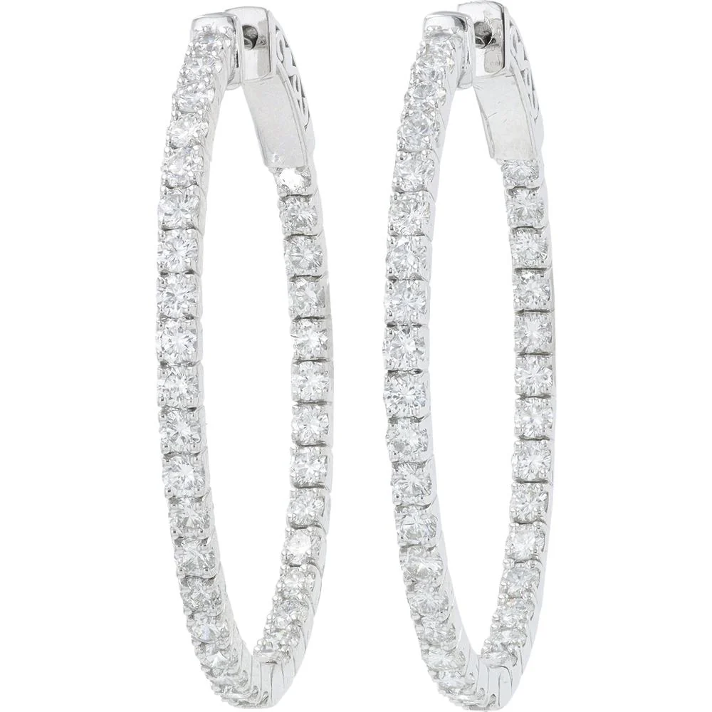14K White Gold 3.03 Carat Diamond Inside - Out Hoop Earrings - 3.03 Carat Total Diamond Weight