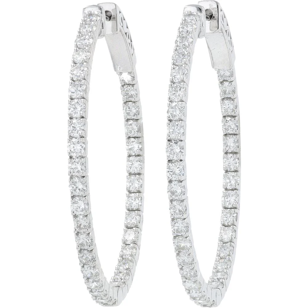 14K White Gold 3.13 Carat Diamond Inside - Out Hoop Earrings - 3.13 Carat Total Diamond Weight