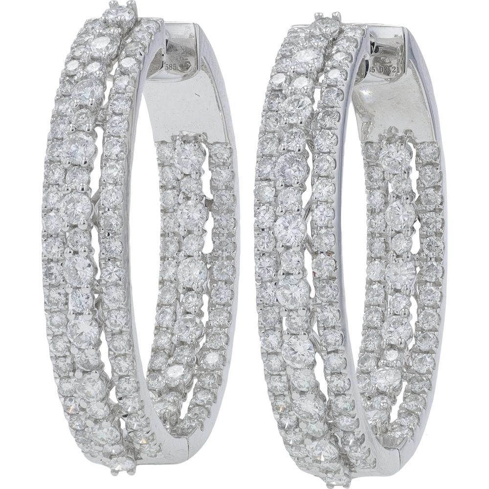 14K White Gold 3.19 Carat Total Diamond Inside - Out Hoop Earrings - 1.595 Carat Each Earring