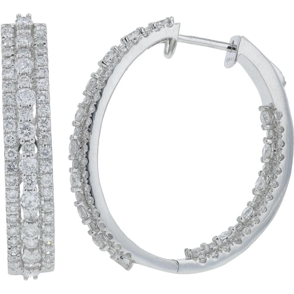 14K White Gold 3.21 Carat Total Diamond Inside - Out Hoop Earrings - Prong Set Round Diamonds - Image 2