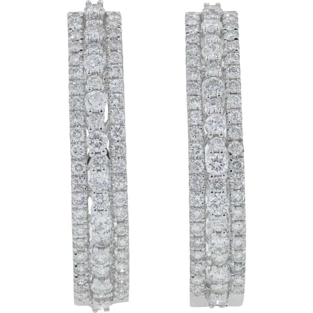 14K White Gold 3.21 Carat Total Diamond Inside - Out Hoop Earrings - Prong Set Round Diamonds - Image 3