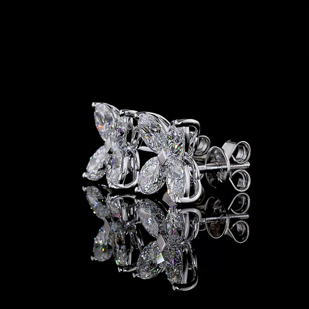 14K White Gold 3.21 Carats Total Weight Floral Cluster Stud Earrings with Inclined Oval Cut Lab Diamonds - E-F VS1 Clarity - Covaloro Fine Jewelry - Image 3