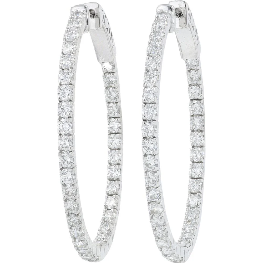 14K White Gold 3.29 Carat Diamond Inside - Out Hoop Earrings - Prong Set Round Diamonds