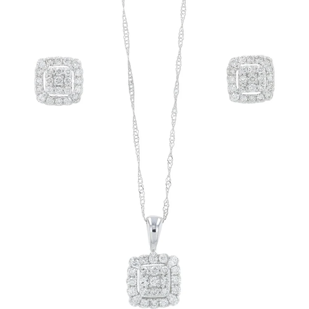 14K White Gold 3/4 Carat Diamond Square Halo Earring & Pendant Set - 0.75 Carat Total Diamond Weight