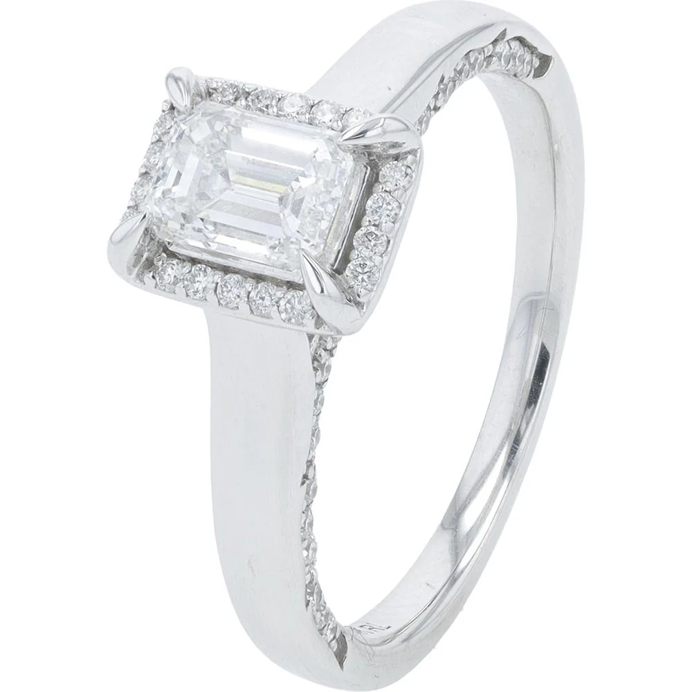 14K White Gold 3/4 Carat Emerald Cut Diamond Halo Engagement Ring - 1.00 Carat Total Diamond Weight