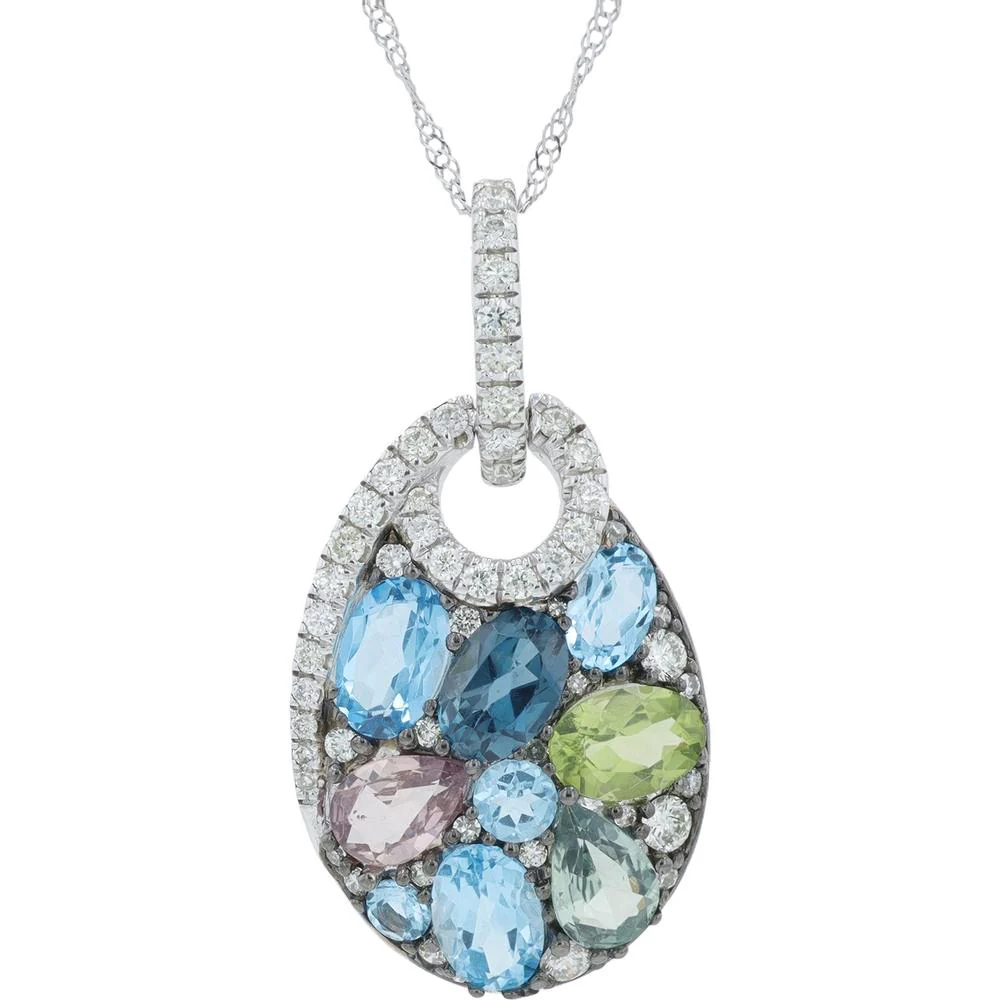 14K White Gold 3.40 Carat Total Weight Multi - Gemstone Teardrop Pendant with 0.55 Carat Diamond Accents