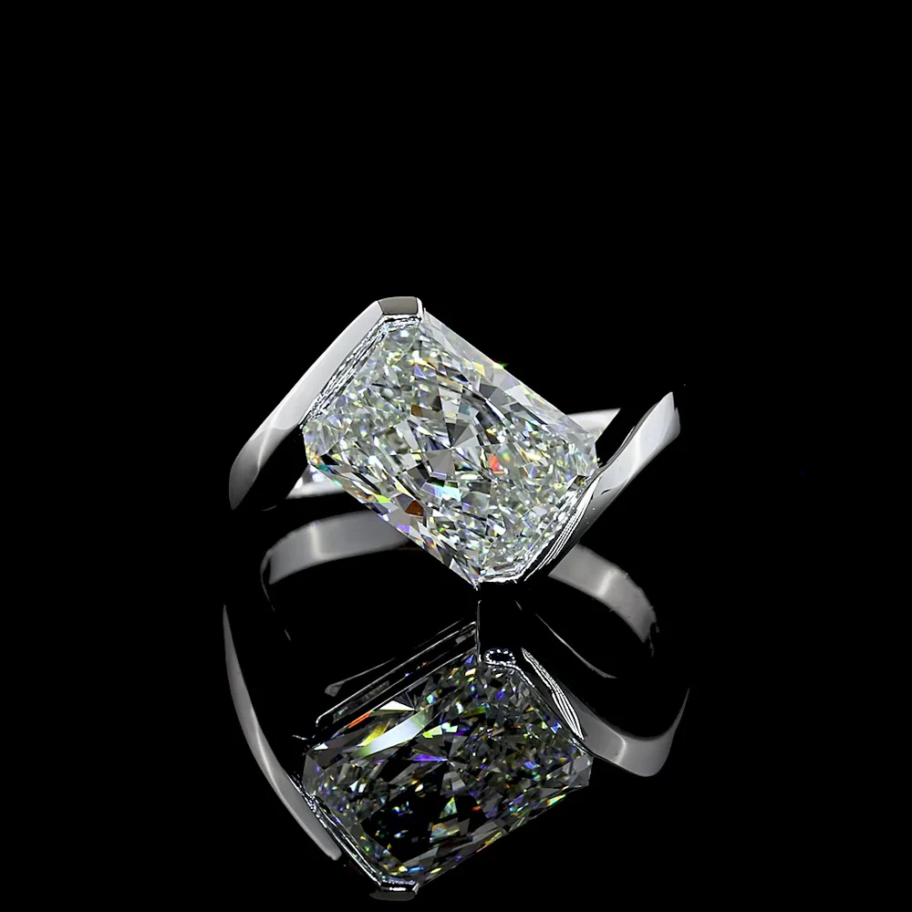 14K White Gold 3.57 Carat Radiant Cut Lab Diamond Solitaire Ring with Inclined Half-Bezel Setting - E-F Color VS1 Clarity - Covaloro Fine Jewelry