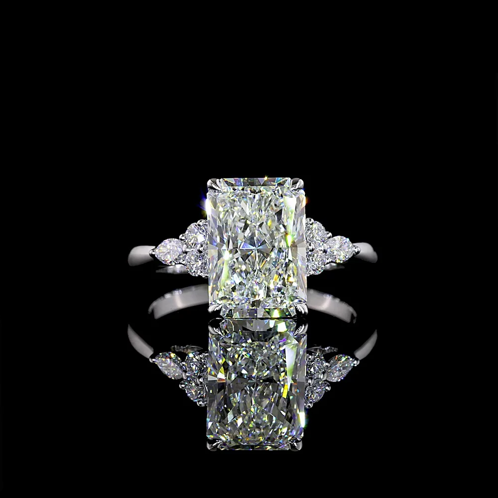 14K White Gold 3.61 Carat Total Weight Special Ring with 3.37 Carat Radiant Cut Lab Diamond and Marquise & Round Accents - F VVS2 Clarity - Covaloro Fine Jewelry