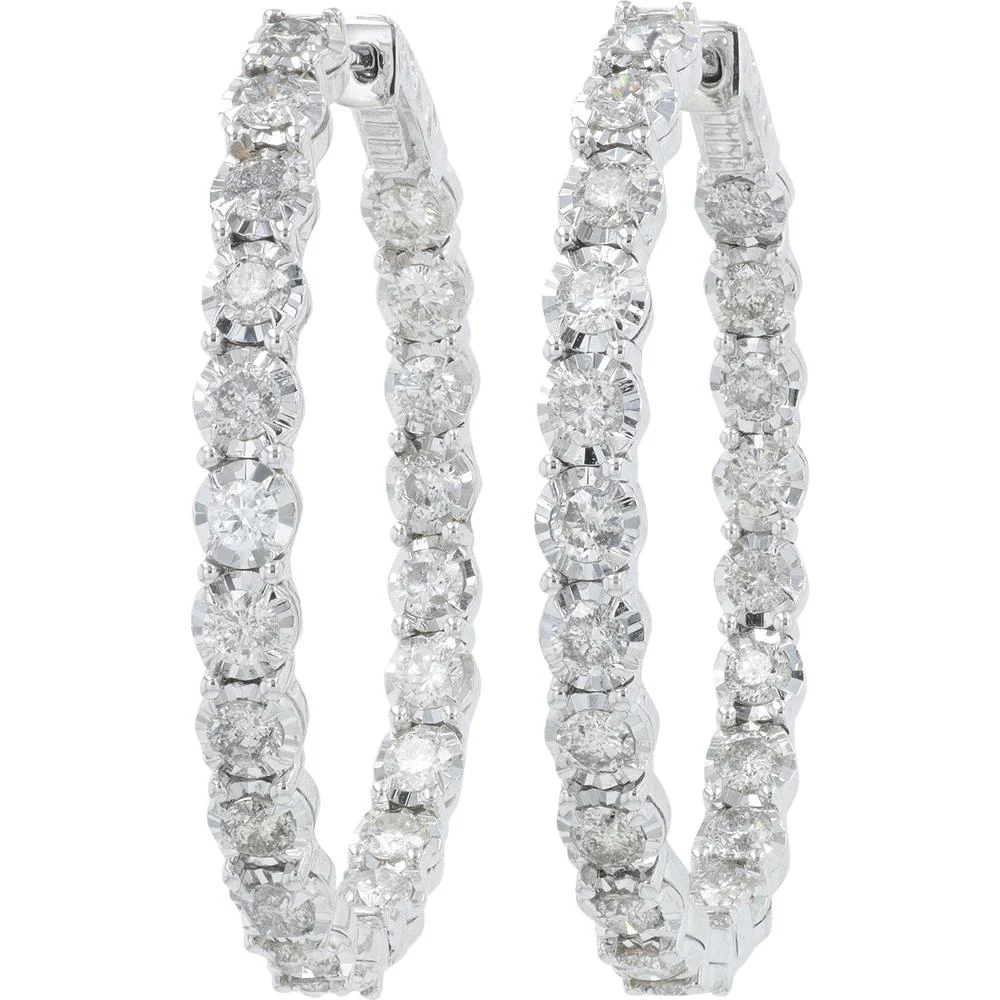 14K White Gold 3 Carat Diamond Inside - Out Hoop Earrings - 3.00 Carat Total Diamond Weight