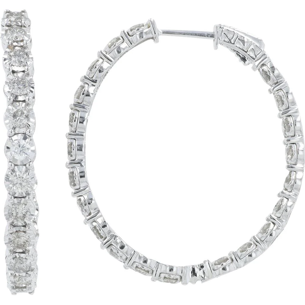 14K White Gold 3 Carat Diamond Inside - Out Hoop Earrings - 3.00 Carat Total Diamond Weight - Image 2
