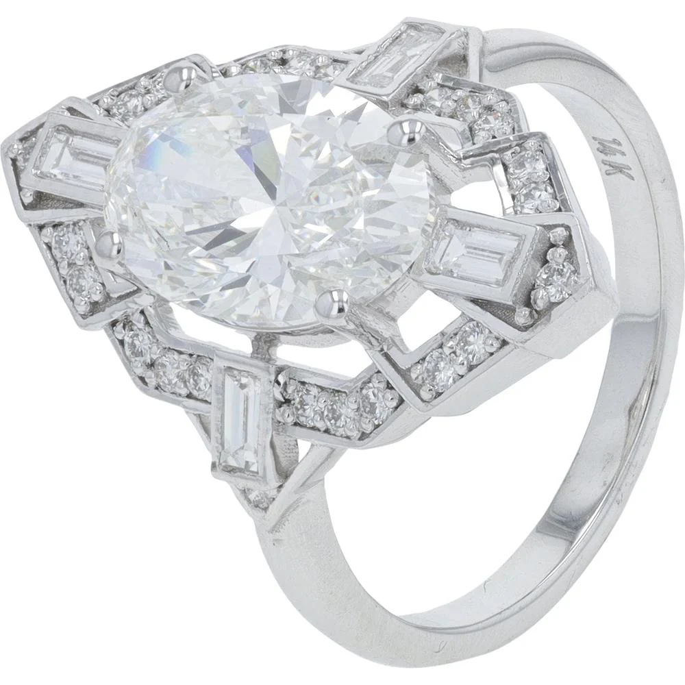 14K White Gold 3 Carat Lab Grown Diamond Art Deco Ring with Baguette and Pavé Accents - 3.25 Carat Total Diamond Weight