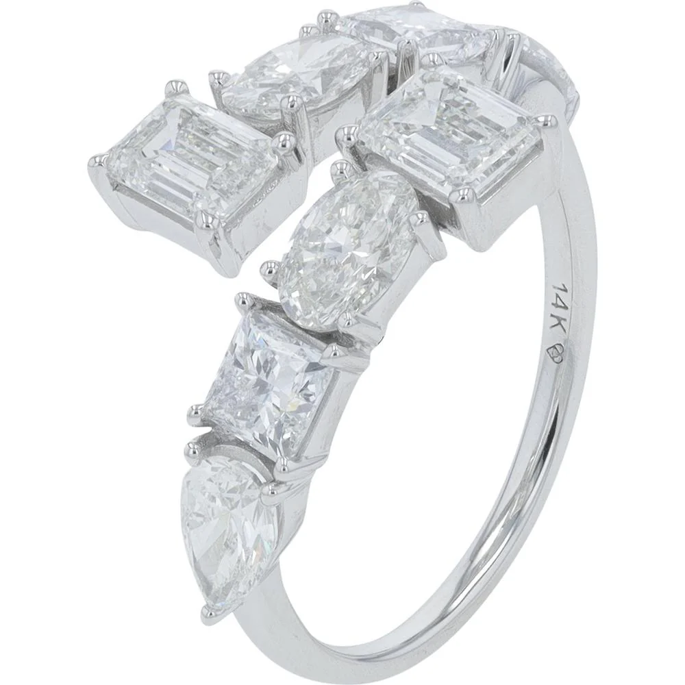 14K White Gold 3 Carat Lab Grown Diamond Bypass Ring with Mixed Cut Diamonds