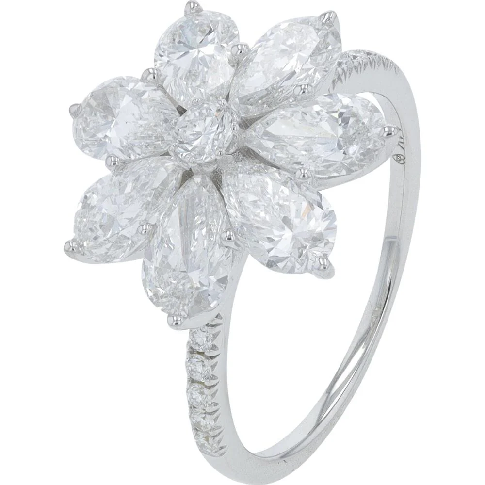 14K White Gold 3 Carat Lab Grown Diamond Flower Ring with Marquise, Pear, and Round Diamonds