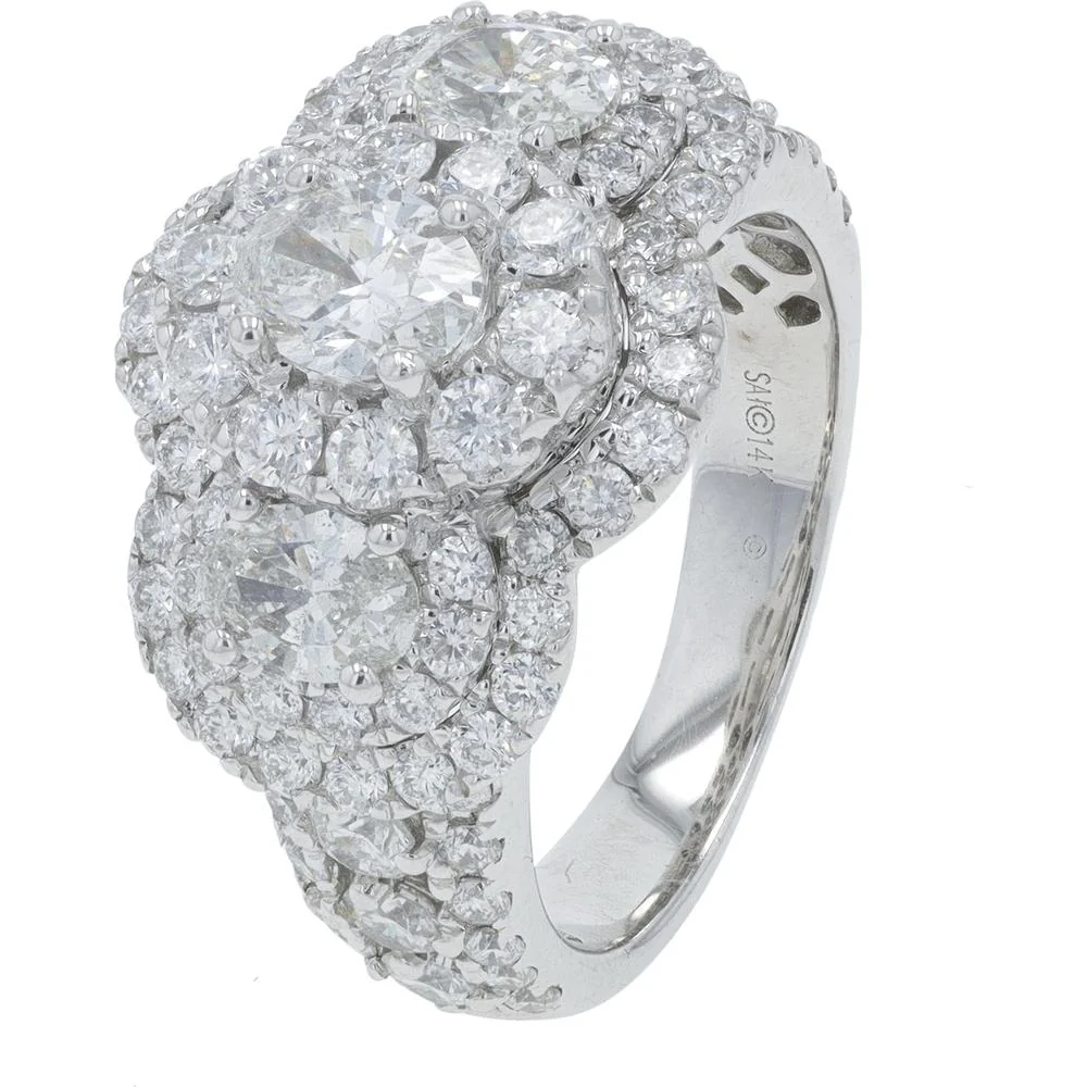 14K White Gold 3 Carat Total Weight Three Oval Diamond Halo Engagement Ring