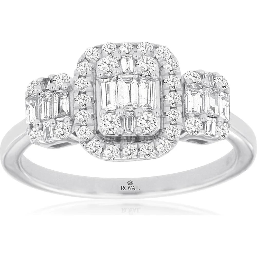 14K White Gold 3-Stone Diamond Ring with Halo and Milgrain Details - 0.65 Carats Total Diamond Weight - Royal Jewelry