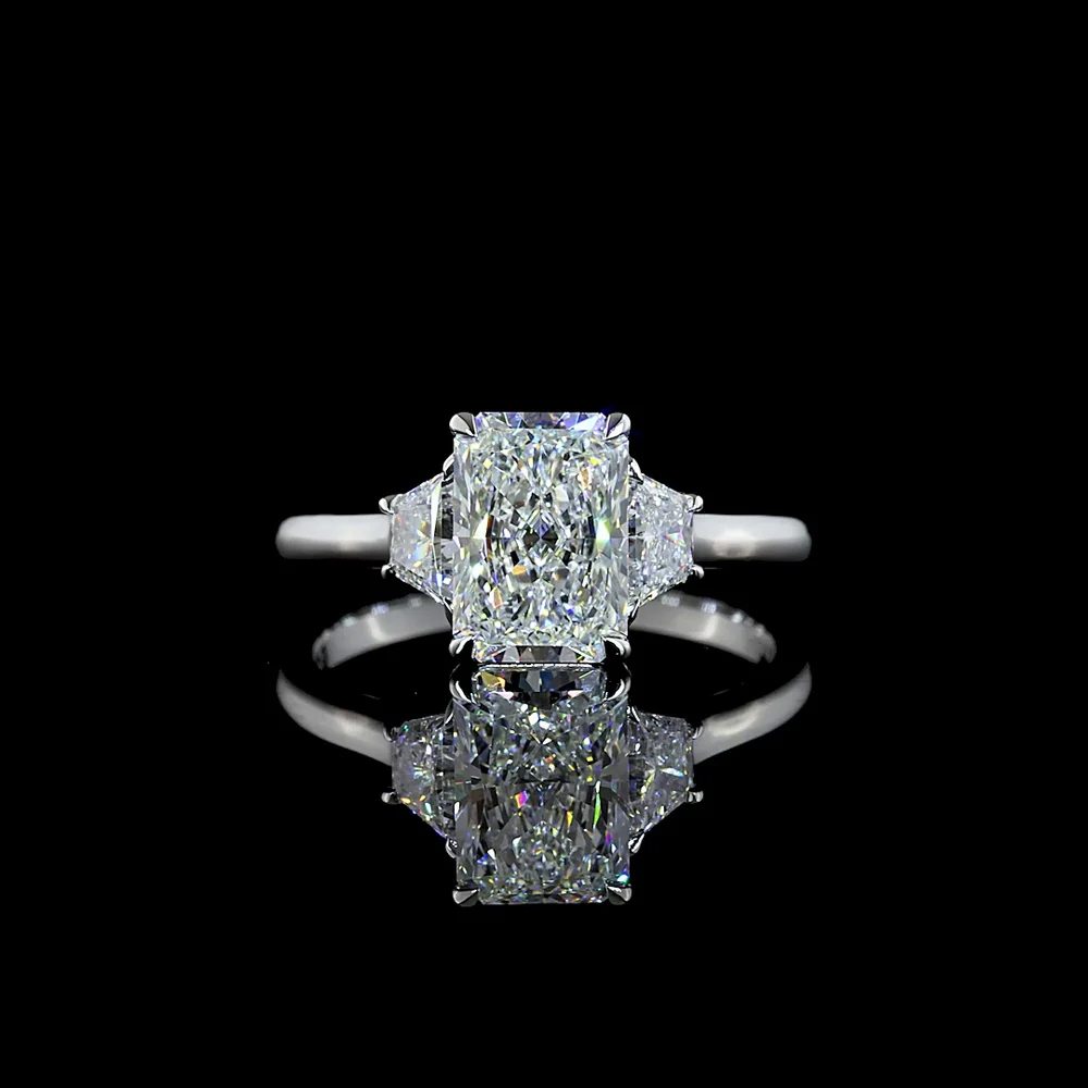 14K White Gold 3-Stone Ring with 2.02 Carat Radiant Cut Lab Diamond and 0.54 Carat Side Stones - 2.56 Total Carat Weight E VVS1 IGI Certified - Covaloro Fine Jewelry