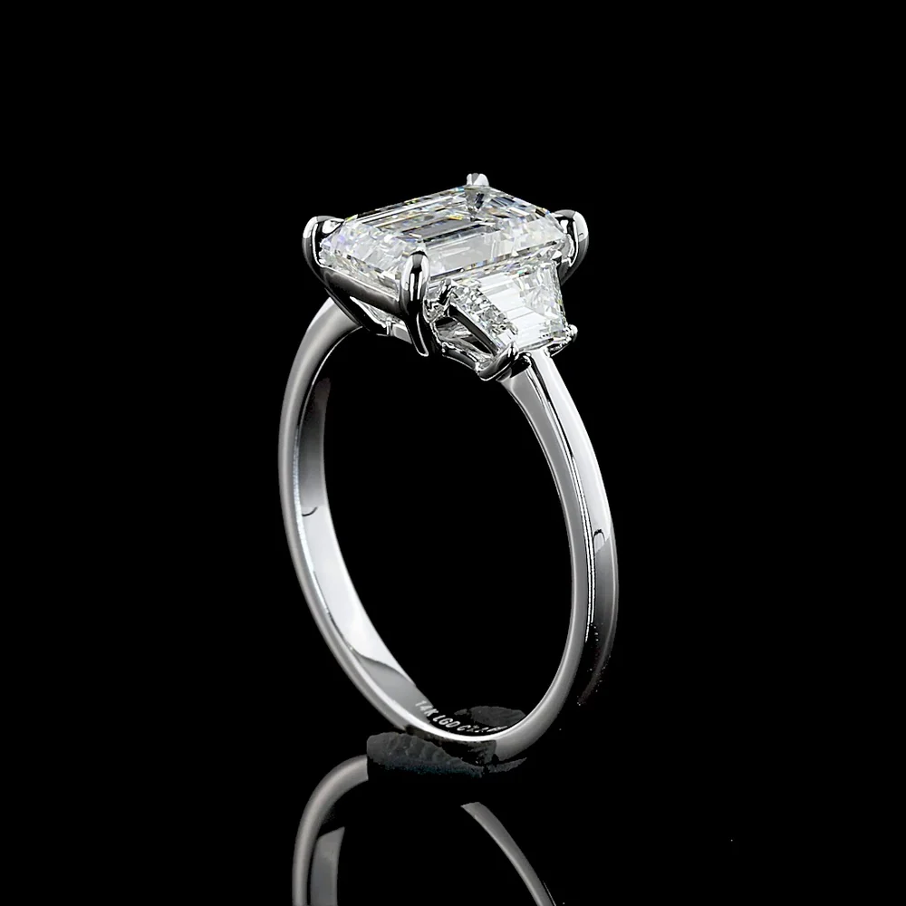 14K White Gold 3-Stone Ring with 2.12 Carat Emerald Cut Lab Diamond and Trapezoid Side Stones - 2.67 Carat Total Diamond Weight - Covaloro Fine Jewelry - Image 2