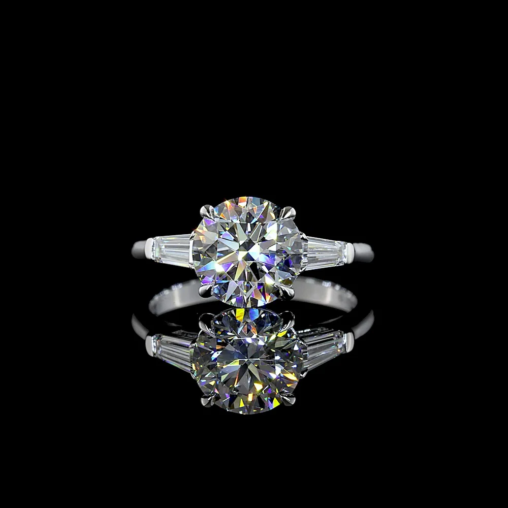 14K White Gold 3 Stone Ring with 2.50 Carat Round Brilliant Lab Diamond and 0.50 Carat Baguette Lab Diamonds - 3.00 Carat Total Diamond Weight - Covaloro Fine Jewelry