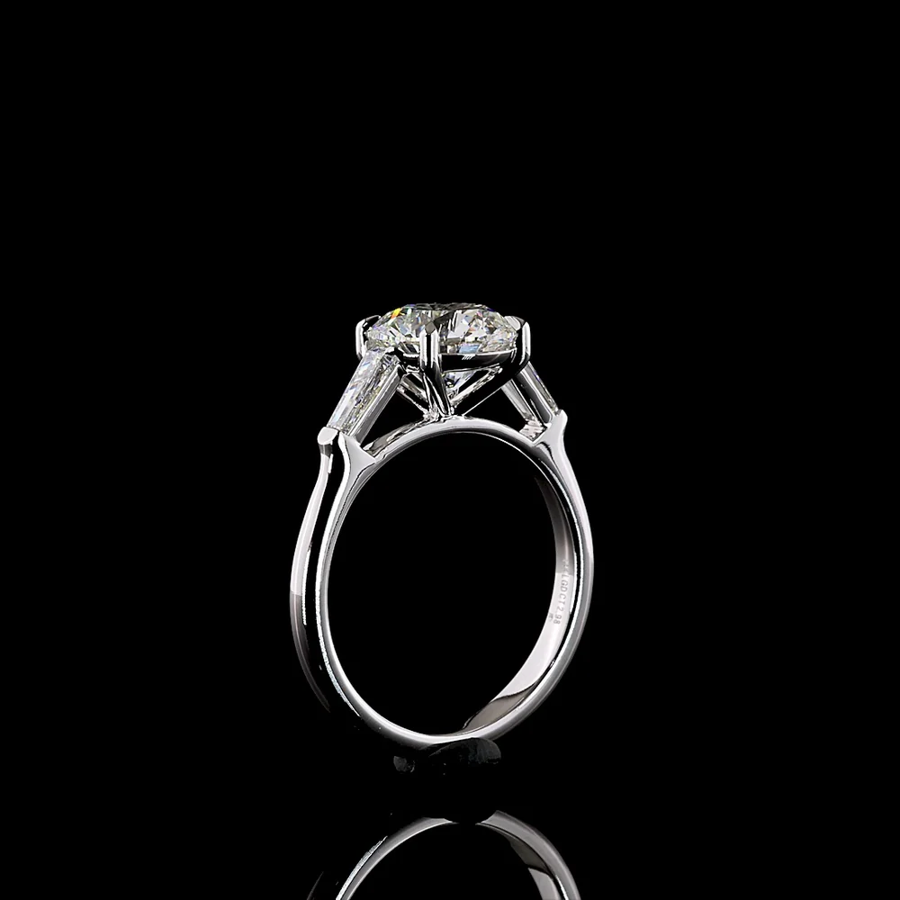 14K White Gold 3 Stone Ring with 2.50 Carat Round Brilliant Lab Diamond and 0.50 Carat Baguette Lab Diamonds - 3.00 Carat Total Diamond Weight - Covaloro Fine Jewelry - Image 4