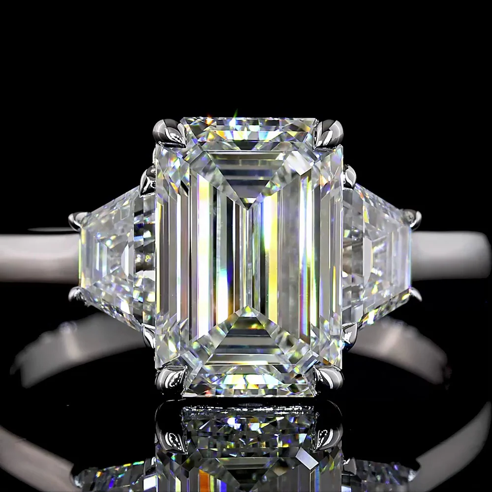14K White Gold 3 Stone Ring with 2.75 Carats Emerald Cut Lab Diamond and 0.73 Carats Trapezoid Side Stones - 3.48 Carats Total Diamond Weight - Covaloro Fine Jewelry - Image 2