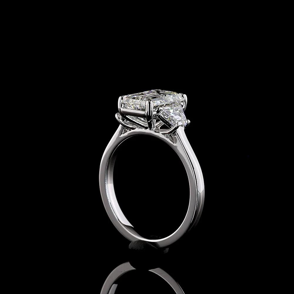14K White Gold 3 Stone Ring with 2.75 Carats Emerald Cut Lab Diamond and 0.73 Carats Trapezoid Side Stones - 3.48 Carats Total Diamond Weight - Covaloro Fine Jewelry - Image 3