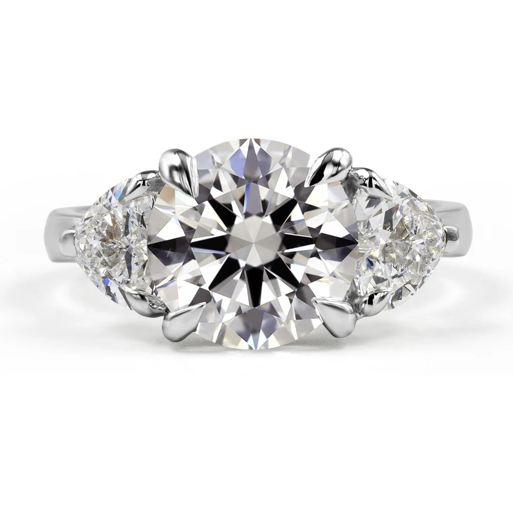 14K White Gold 3-Stone Ring with 3.00 Carats Round Brilliant Lab Diamond and 1.12 Carats Heart-Shape Lab Diamonds - 4.12 Carats Total Diamond Weight - Covaloro Fine Jewelry