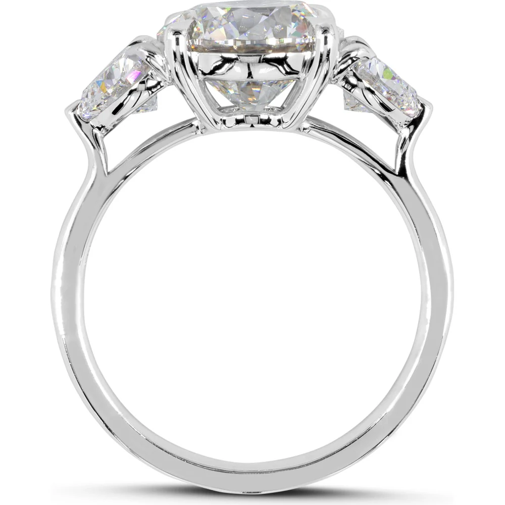 14K White Gold 3-Stone Ring with 3.00 Carats Round Brilliant Lab Diamond and 1.12 Carats Heart-Shape Lab Diamonds - 4.12 Carats Total Diamond Weight - Covaloro Fine Jewelry - Image 2