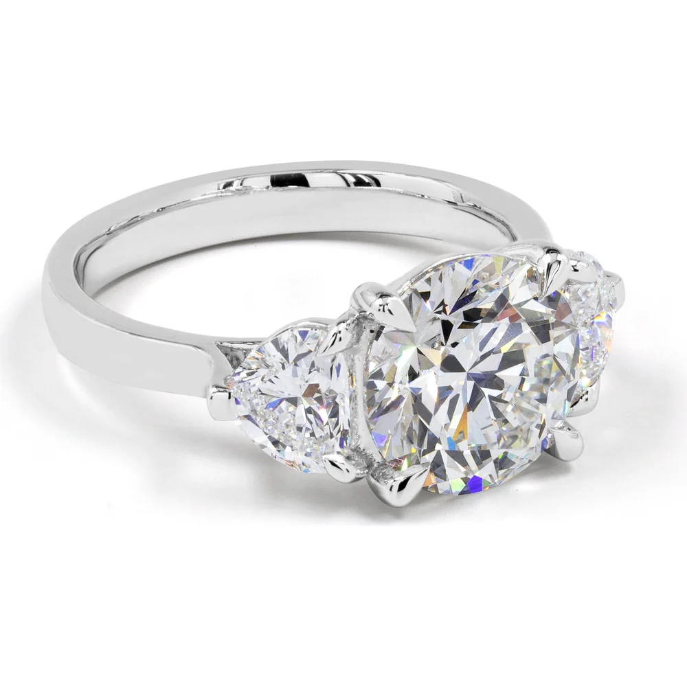 14K White Gold 3-Stone Ring with 3.00 Carats Round Brilliant Lab Diamond and 1.12 Carats Heart-Shape Lab Diamonds - 4.12 Carats Total Diamond Weight - Covaloro Fine Jewelry - Image 3