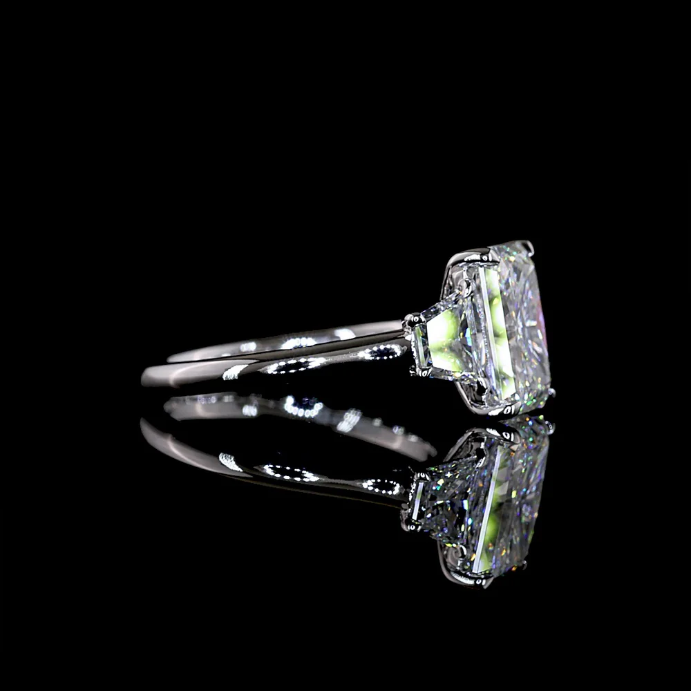 14K White Gold 3 Stone Ring with 3.02 Carat Radiant Cut Lab Diamond and Trapezoid Side Stones - 3.82 Carat Total Diamond Weight - Covaloro Fine Jewelry - Image 2