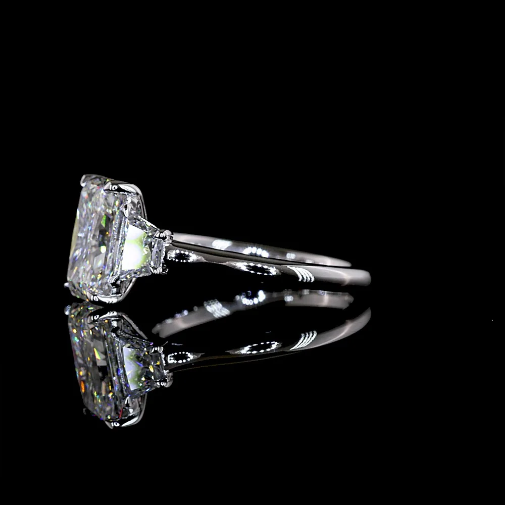 14K White Gold 3 Stone Ring with 3.02 Carat Radiant Cut Lab Diamond and Trapezoid Side Stones - 3.82 Carat Total Diamond Weight - Covaloro Fine Jewelry - Image 3