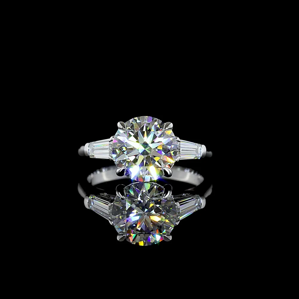 14K White Gold 3-Stone Ring with 3.03 Carat Round Brilliant Lab Diamond and 0.63 Carat Baguette Side Stones - 3.66 Carat Total Diamond Weight - Covaloro Fine Jewelry