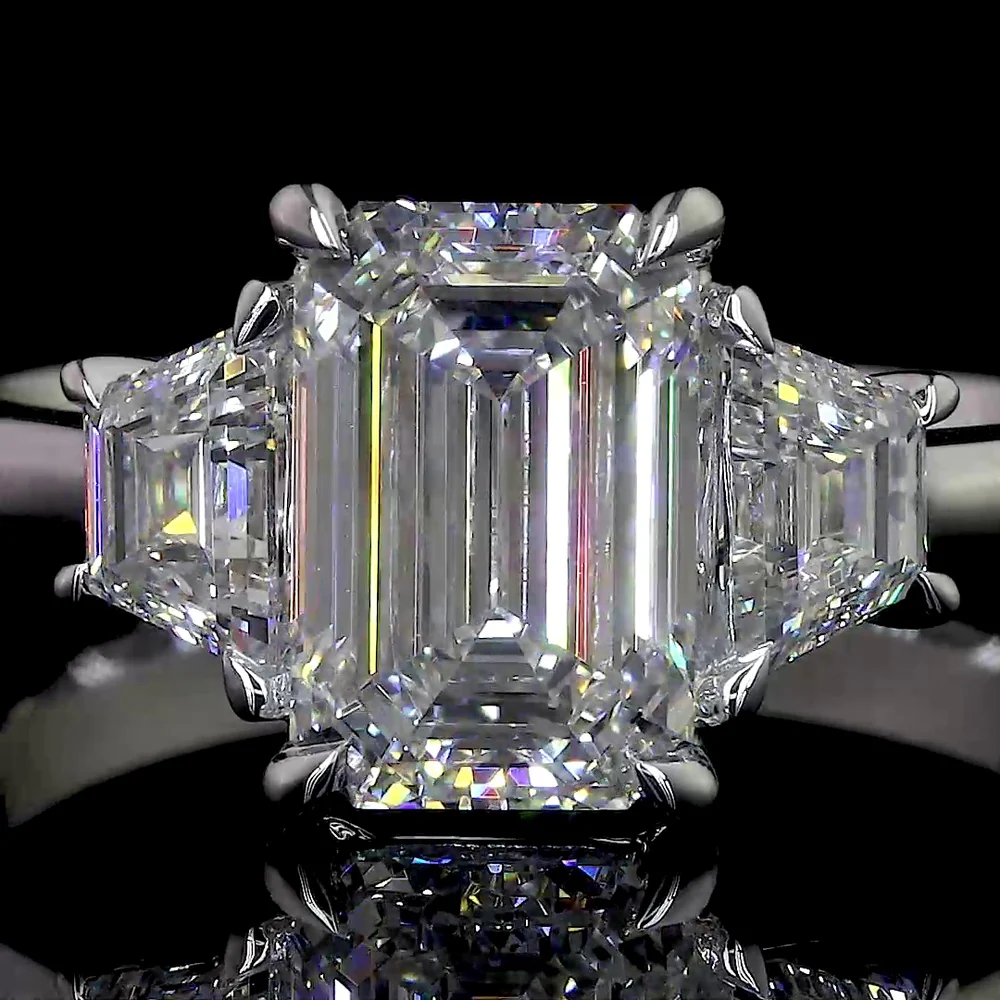 14K White Gold 3-Stone Ring with 3.04 Carat Emerald Cut Lab Diamond and 0.85 Carat Trapezoid Cut Lab Diamonds - 3.89 Carat Total Diamond Weight - Covaloro Fine Jewelry - Image 2