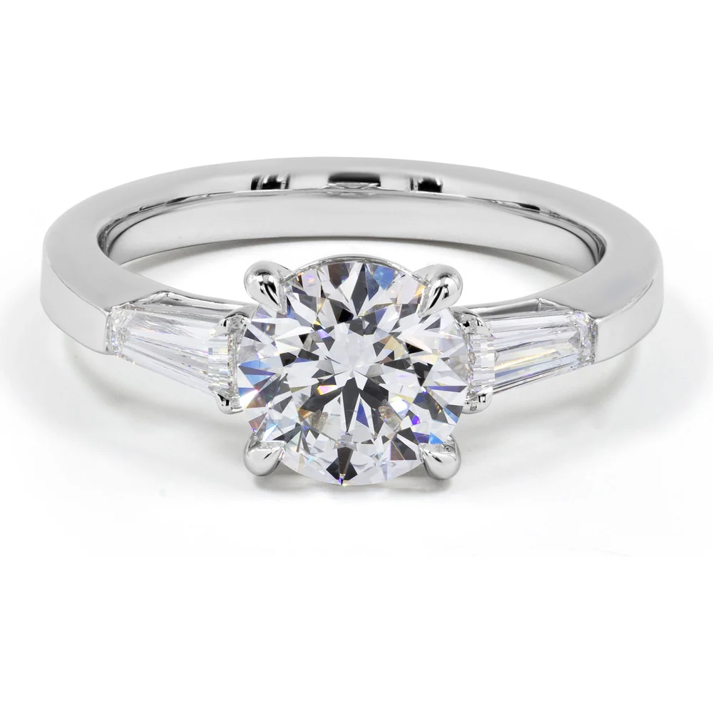 14K White Gold 3 Stone Ring with 3.04 Carat Round Brilliant Cut Lab Diamond and Tapered Baguette Side Stones - 3.77 Carat Total Weight - Covaloro Fine Jewelry