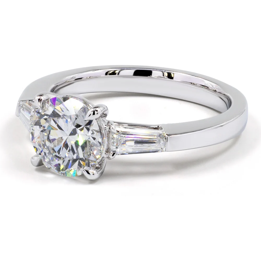 14K White Gold 3 Stone Ring with 3.04 Carat Round Brilliant Cut Lab Diamond and Tapered Baguette Side Stones - 3.77 Carat Total Weight - Covaloro Fine Jewelry - Image 3