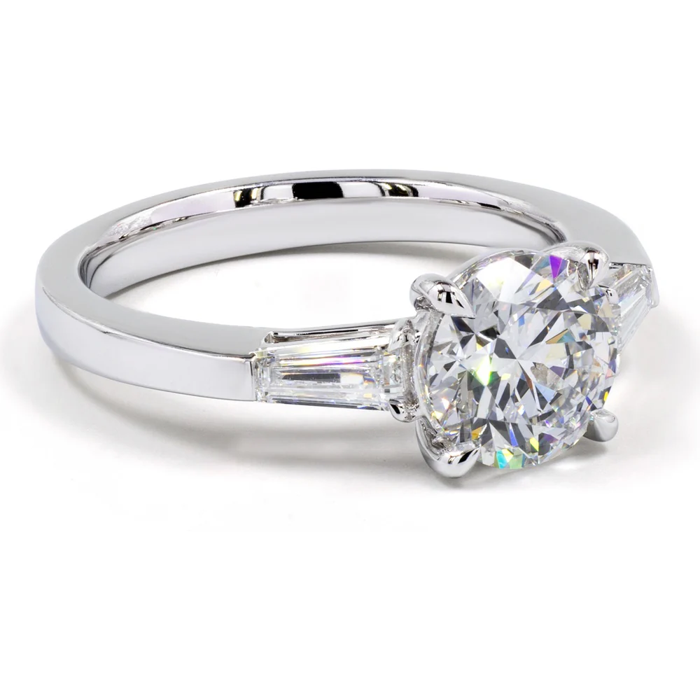 14K White Gold 3 Stone Ring with 3.04 Carat Round Brilliant Cut Lab Diamond and Tapered Baguette Side Stones - 3.77 Carat Total Weight - Covaloro Fine Jewelry - Image 4
