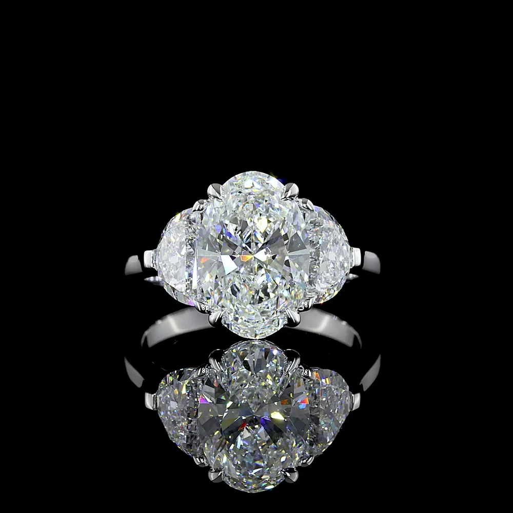 14K White Gold 3-Stone Ring with 3.05 Carats Oval Lab Diamond and Half-Moon Side Stones - 4.28 Carats Total Diamond Weight - Covaloro Fine Jewelry