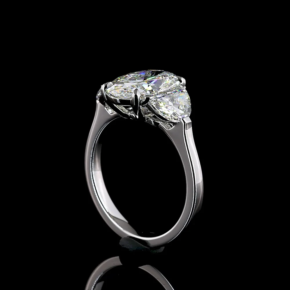 14K White Gold 3-Stone Ring with 3.05 Carats Oval Lab Diamond and Half-Moon Side Stones - 4.28 Carats Total Diamond Weight - Covaloro Fine Jewelry - Image 3