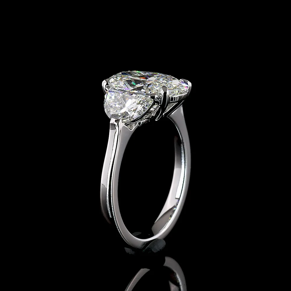 14K White Gold 3-Stone Ring with 3.05 Carats Oval Lab Diamond and Half-Moon Side Stones - 4.28 Carats Total Diamond Weight - Covaloro Fine Jewelry - Image 4