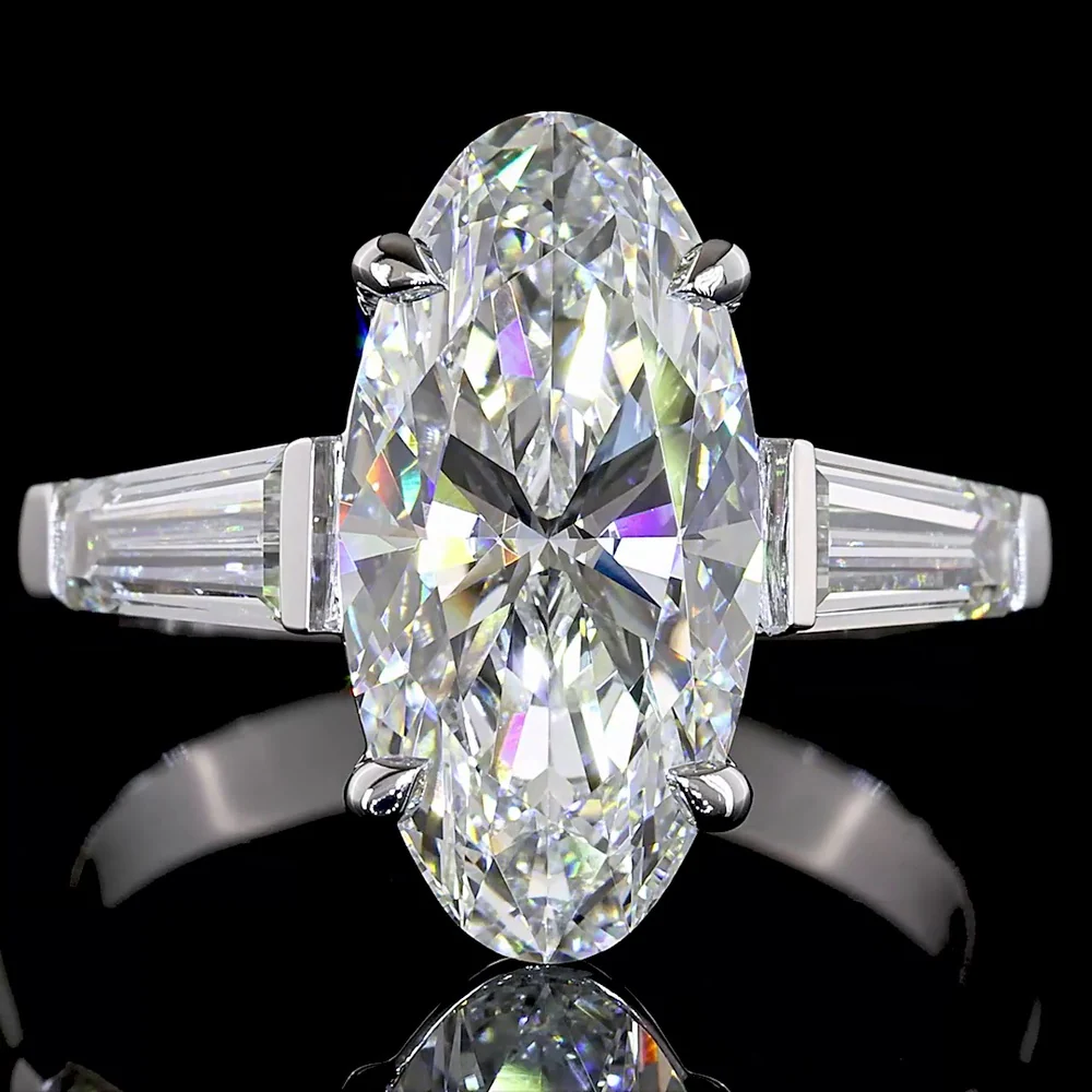 14K White Gold 3 Stone Ring with 3.06 Carat Moval Cut Lab Diamond and 0.96 Carat Tapered Baguette Lab Diamonds - 4.02 Carat Total Diamond Weight - Covaloro Fine Jewelry - Image 2