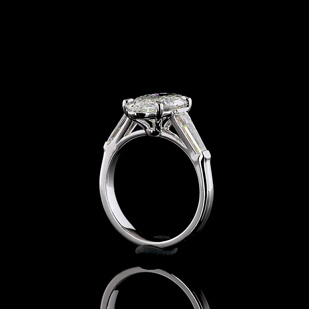 14K White Gold 3 Stone Ring with 3.06 Carat Moval Cut Lab Diamond and 0.96 Carat Tapered Baguette Lab Diamonds - 4.02 Carat Total Diamond Weight - Covaloro Fine Jewelry - Image 3