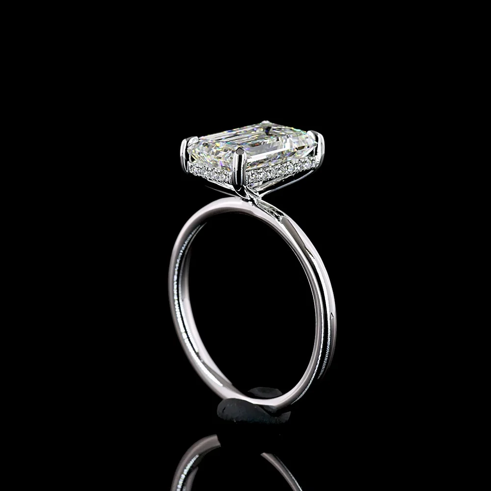14K White Gold 3-Stone Ring with 3.55 Carat Emerald Cut Lab Diamond and Trapezoid Side Diamonds - 4.6 Carat Total Weight - Covaloro Fine Jewelry - Image 3