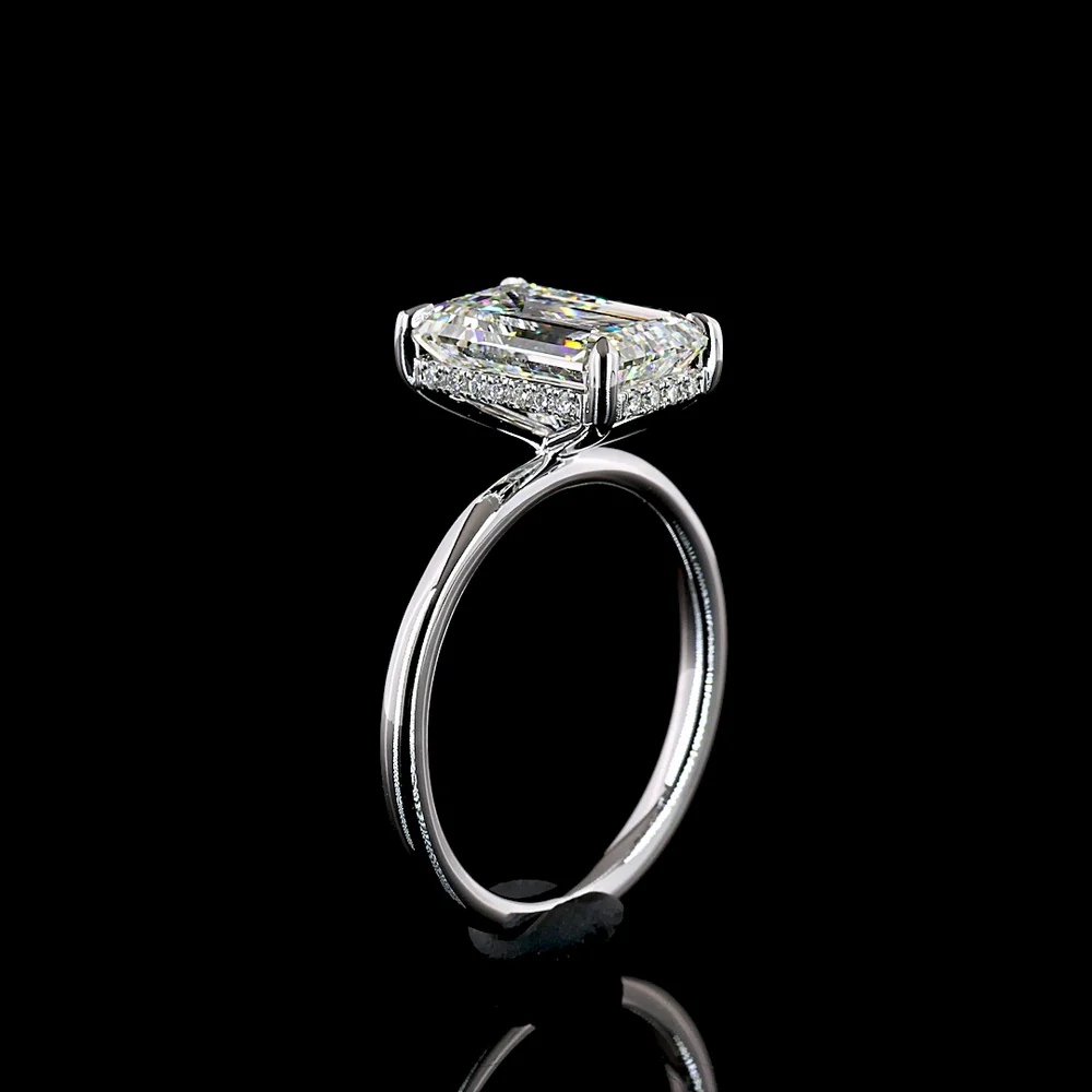 14K White Gold 3-Stone Ring with 3.55 Carat Emerald Cut Lab Diamond and Trapezoid Side Diamonds - 4.6 Carat Total Weight - Covaloro Fine Jewelry - Image 4