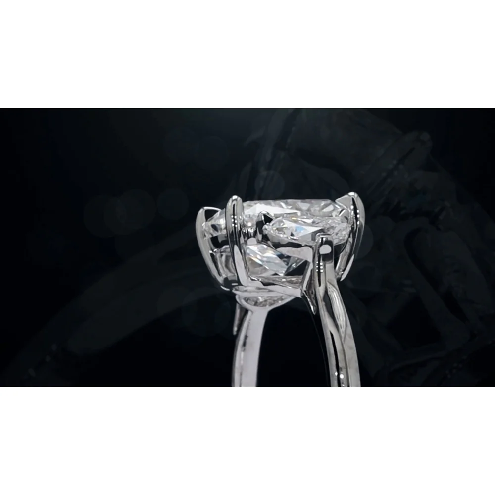 14K White Gold 3-Stone Ring with 4.06 Carat Cushion Modified Lab Diamond and 0.73 Carat Half-Moon Lab Diamonds - 4.79 Carat Total Weight, GIA Certified - Covaloro Fine Jewelry - Image 3