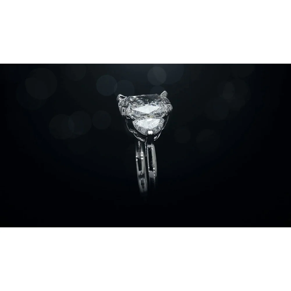 14K White Gold 3-Stone Ring with 4.06 Carat Cushion Modified Lab Diamond and 0.73 Carat Half-Moon Lab Diamonds - 4.79 Carat Total Weight, GIA Certified - Covaloro Fine Jewelry - Image 4