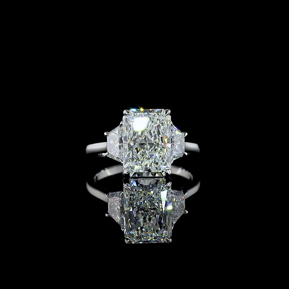 14K White Gold 3-Stone Ring with 4.06 Carat Radiant Cut Lab Diamond and 1.20 Carat Side Stones - 5.26 Carat Total Diamond Weight - Covaloro Fine Jewelry
