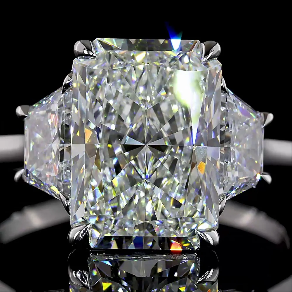 14K White Gold 3-Stone Ring with 4.06 Carat Radiant Cut Lab Diamond and 1.20 Carat Side Stones - 5.26 Carat Total Diamond Weight - Covaloro Fine Jewelry - Image 2
