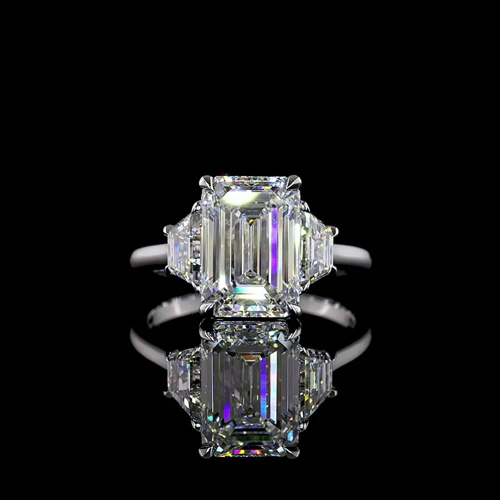 14K White Gold 3 Stone Ring with 4.14 Carat Emerald Cut Lab Diamond and 1.19 Carat Trapezoid Side Stones - 5.33 Carat Total Weight - Covaloro Fine Jewelry